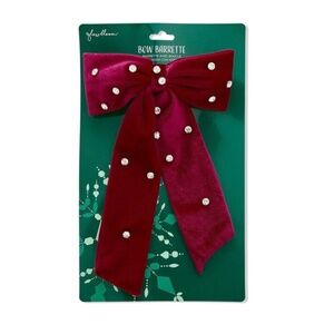 New Red/Maroon Velvet Bow Barette Hair Clip with CZ Crystals all over, 7-8 inch